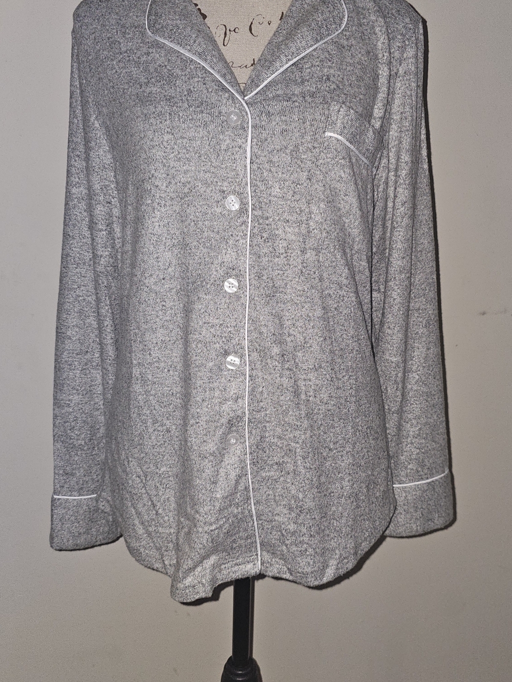 Classic Grey Button-Front Pajama Top with Contrast Piping